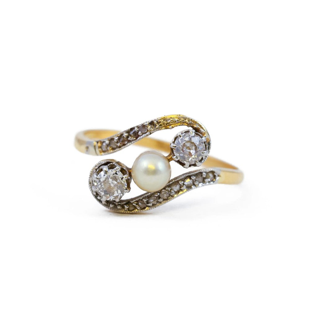 Bague "Toi & Moi" en or jaune 18k avec Perle et Diamants