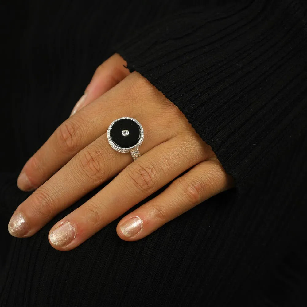 Silver Ring - "Arabesque" Design with Onyx