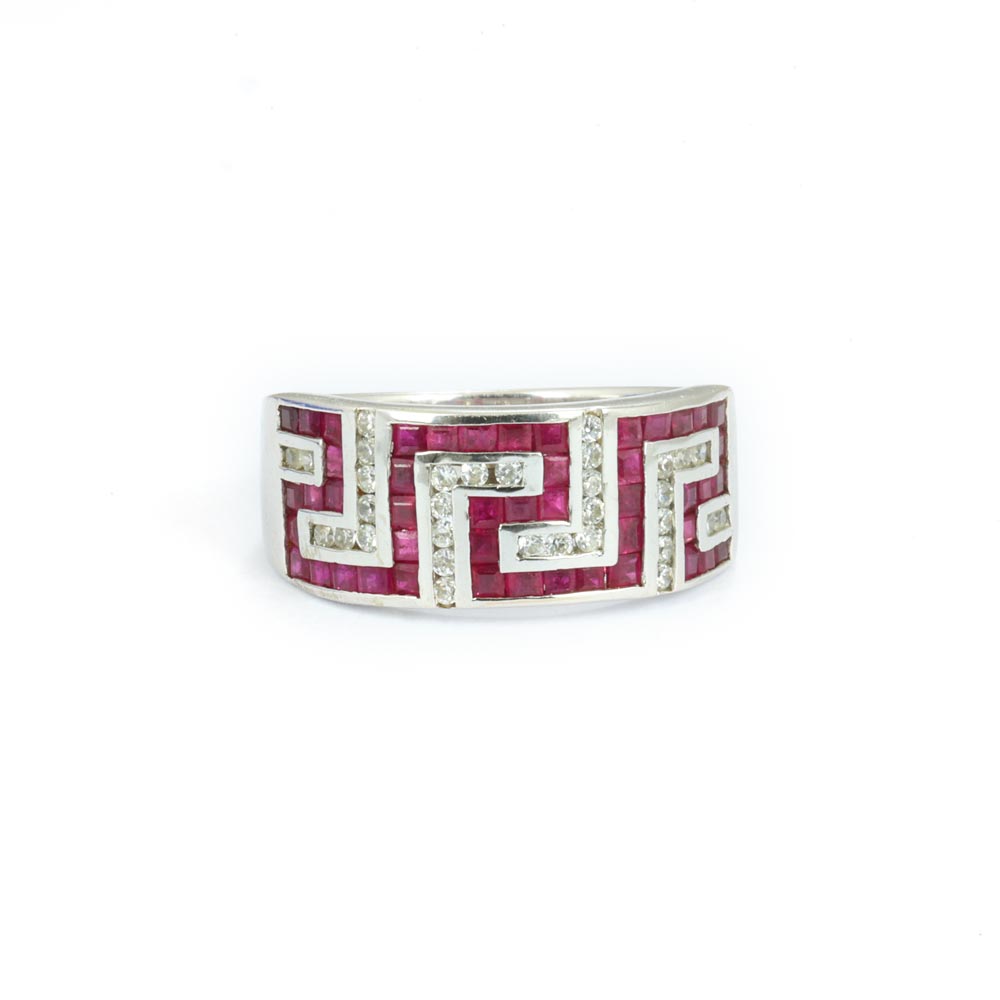 Bague en Or blanc 14k avec Rubis synthetique et Zirconiums