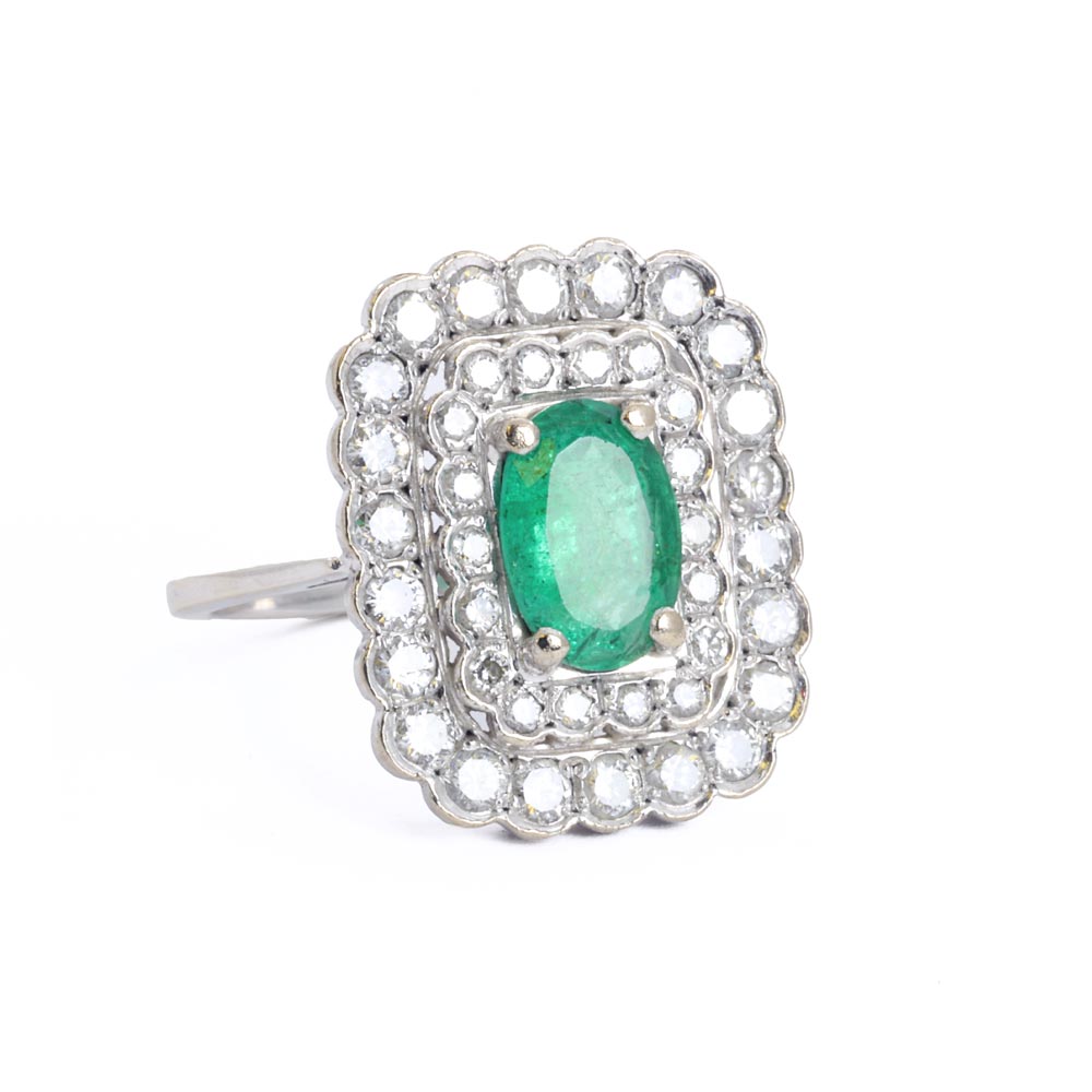 Bague en Or blanc 18k avec Emeraude et Diamants