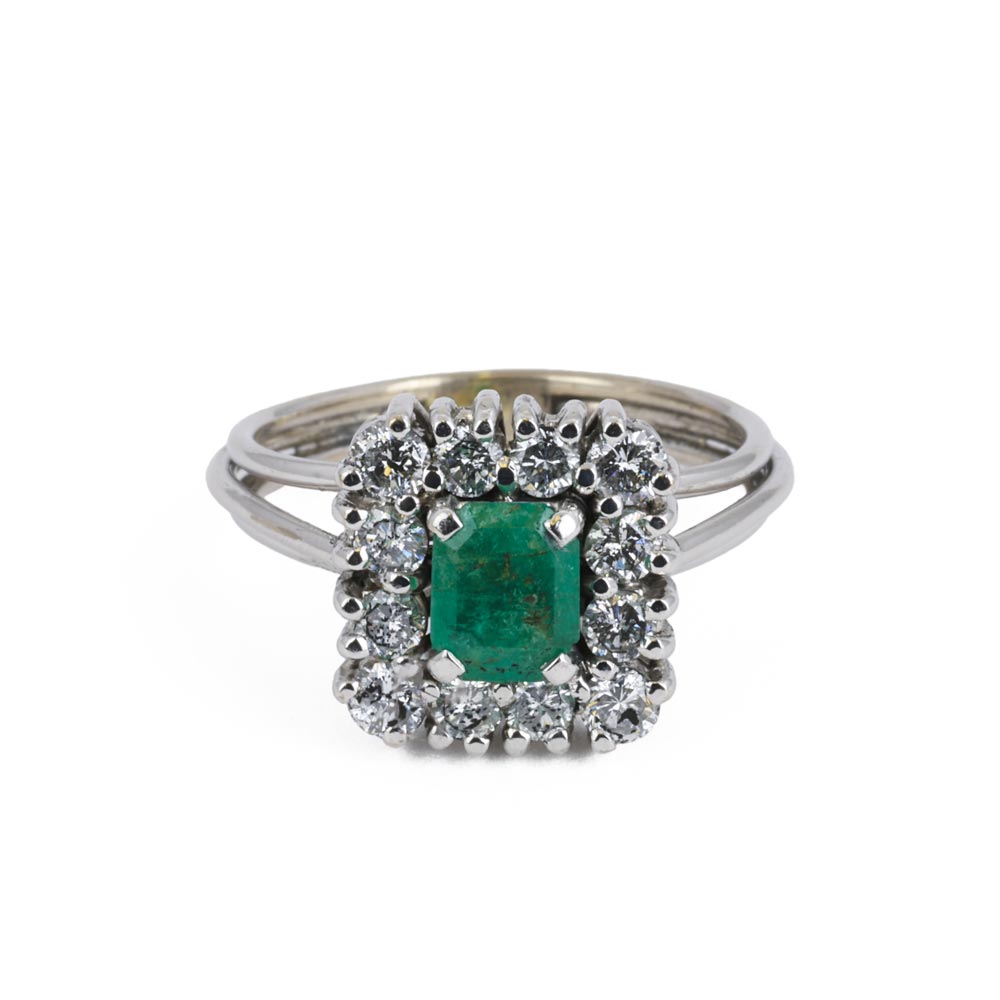 Bague en Or blanc 18k avec Emeraude et Diamants