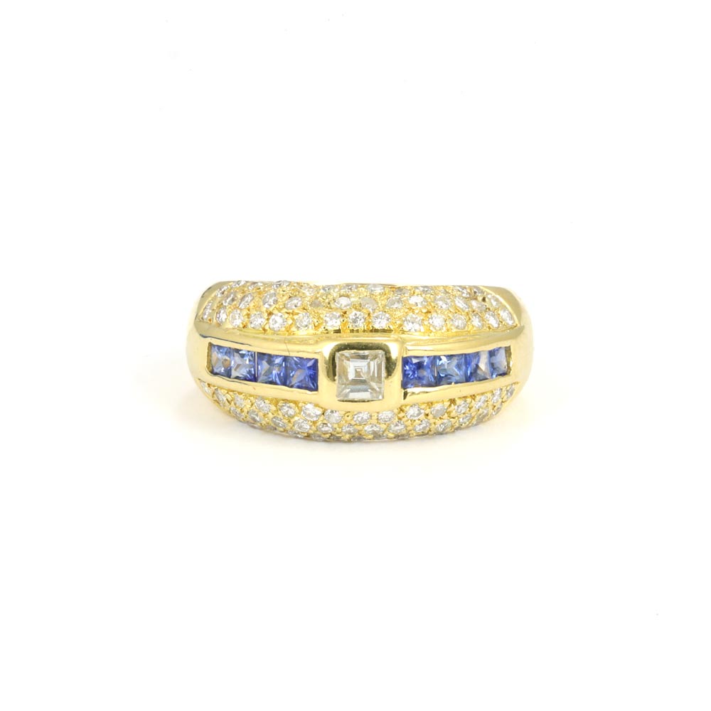 Bague en Or jaune 18K avec Diamants et Saphirs synthétiques