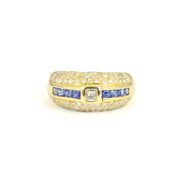 Bague en Or jaune 18K avec Diamants et Saphirs synthétiques