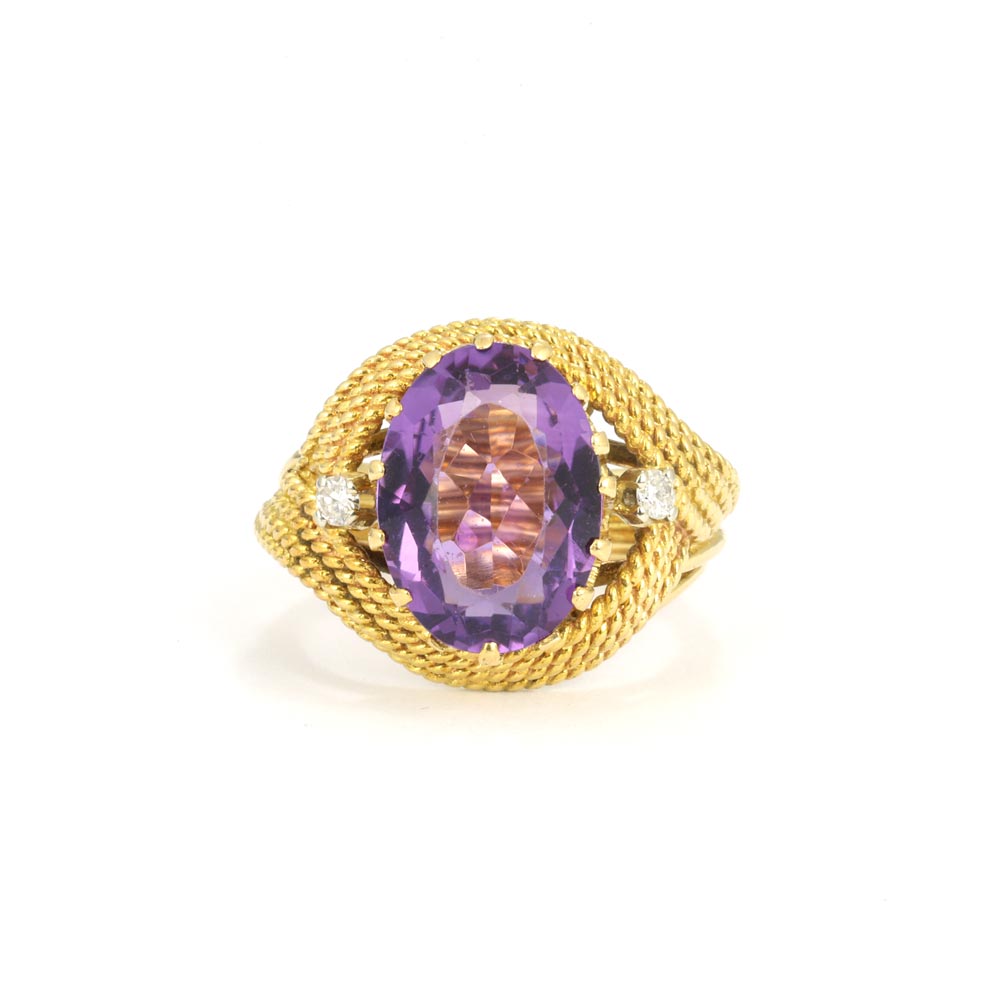 18k Yellow Gold Ring with Amethyst and Zirconiums