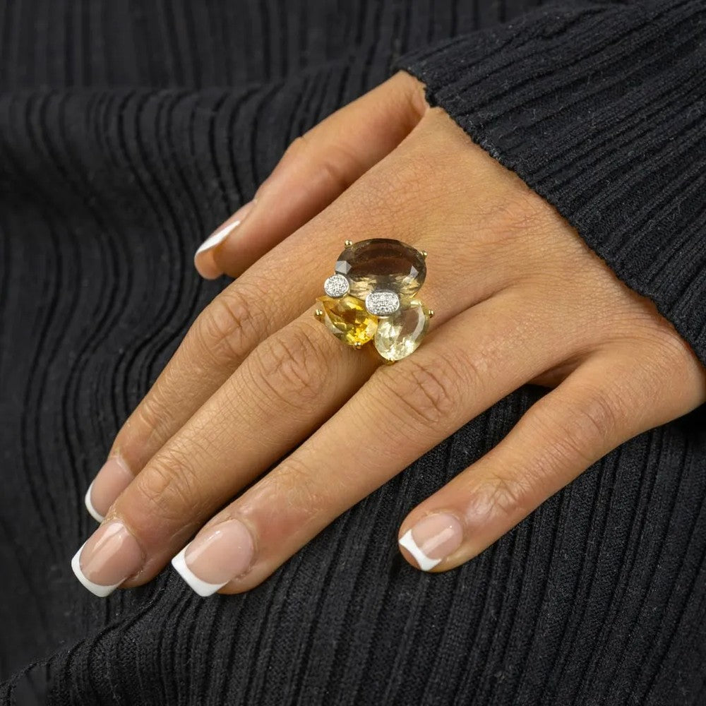 Bague en Or jaune 18k avec Citrines, Quartz fumé et Diamants