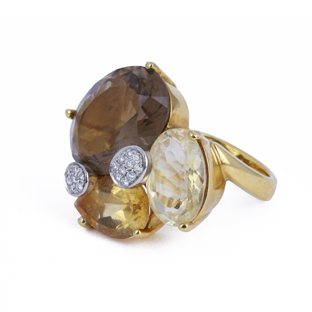 Bague en Or jaune 18k avec Citrines, Quartz fumé et Diamants