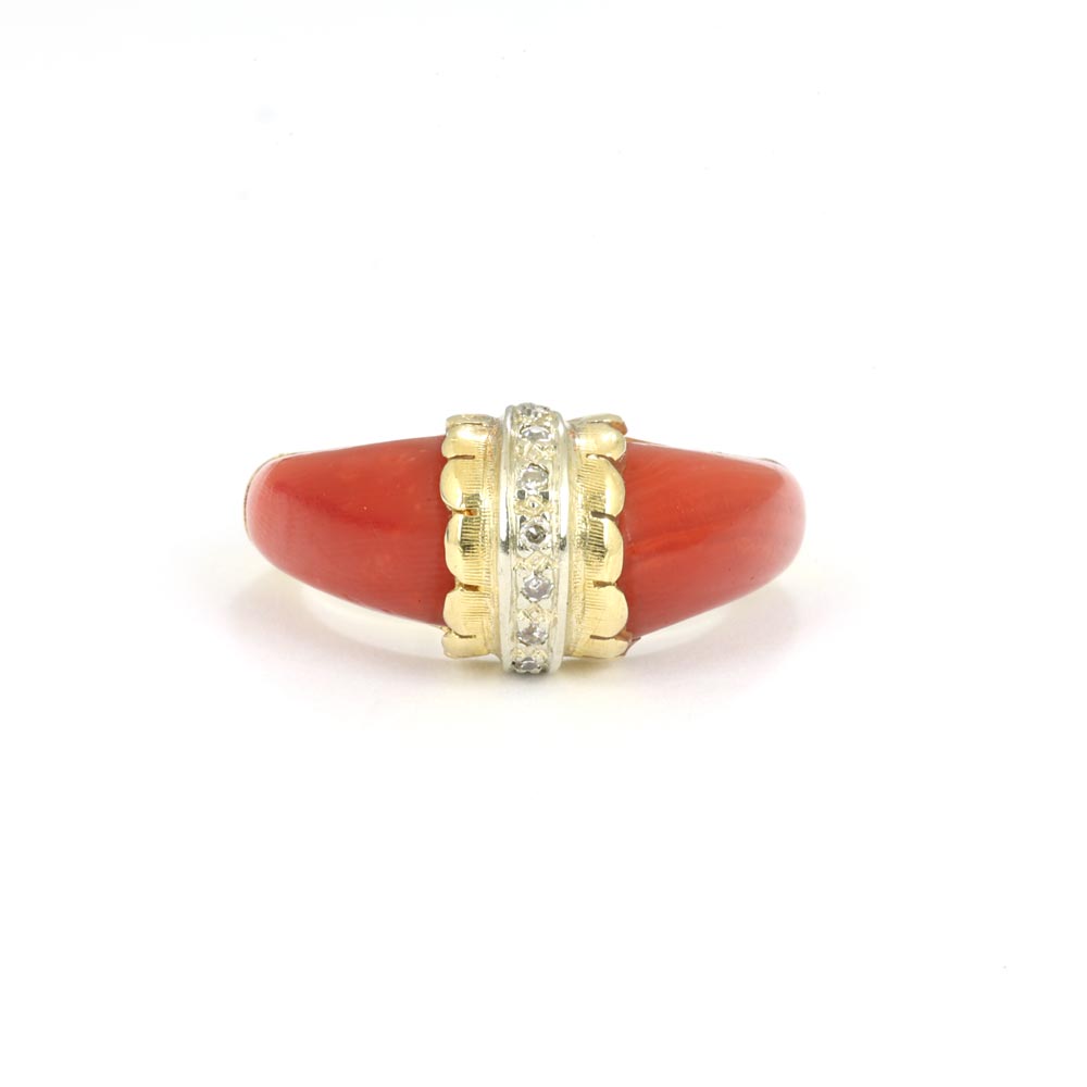 Bague en Or jaune 18k avec Corail et Diamants