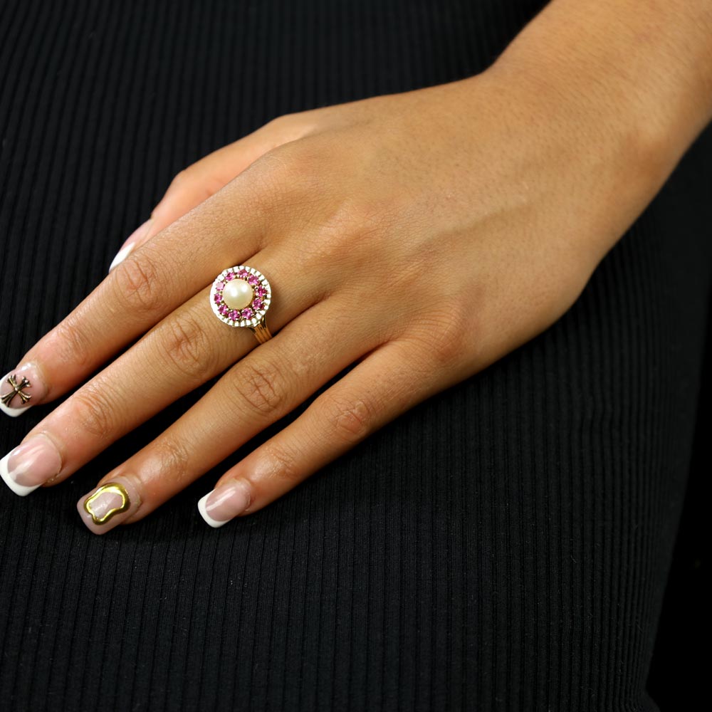 Bague en Or jaune 18k avec Perle et Rubis