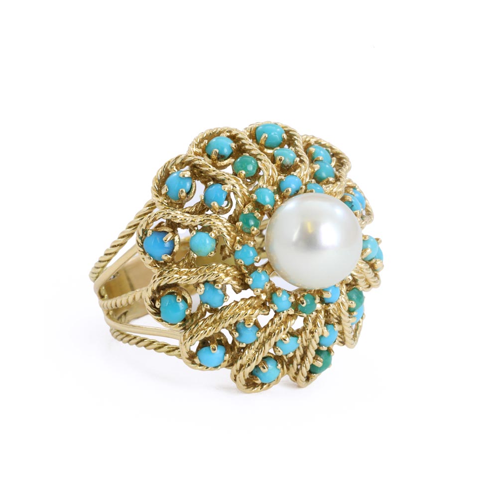 18k Yellow Gold Ring with Pearl and Blue Glass