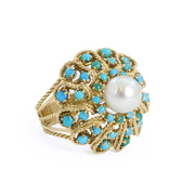 Bague en Or jaune 18k avec Perle et Verre bleu