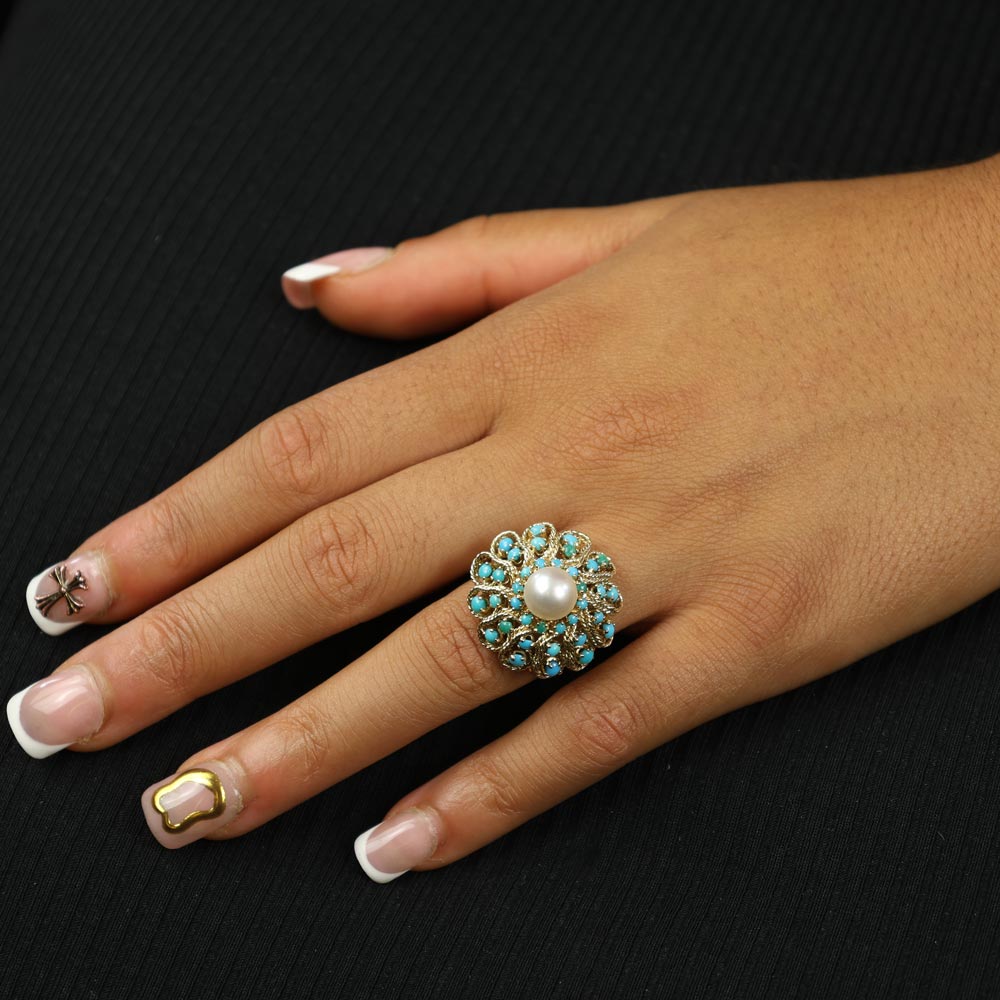 18k Yellow Gold Ring with Pearl and Blue Glass