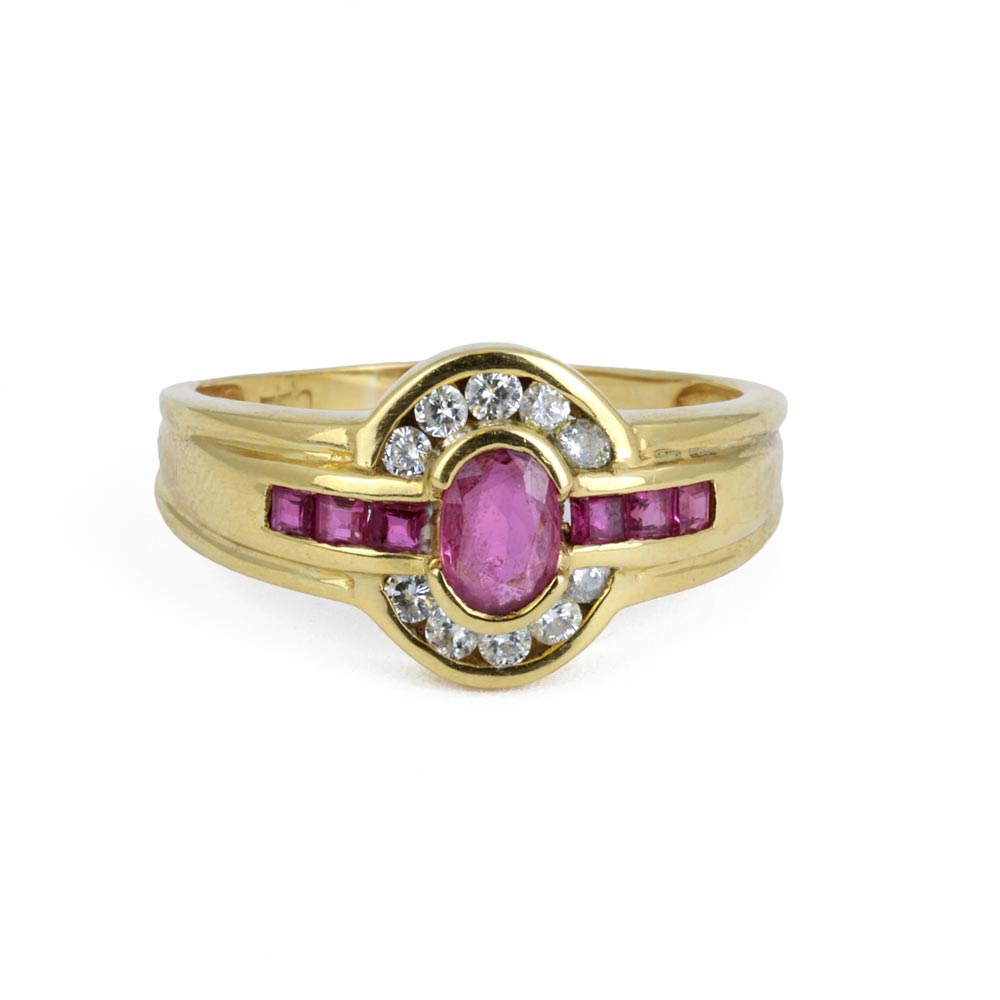 Bague en Or jaune 18k avec Rubis synthétique et Diamants