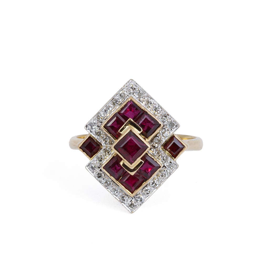 Bague en Or jaune 18k avec Rubis synthétique et Diamants