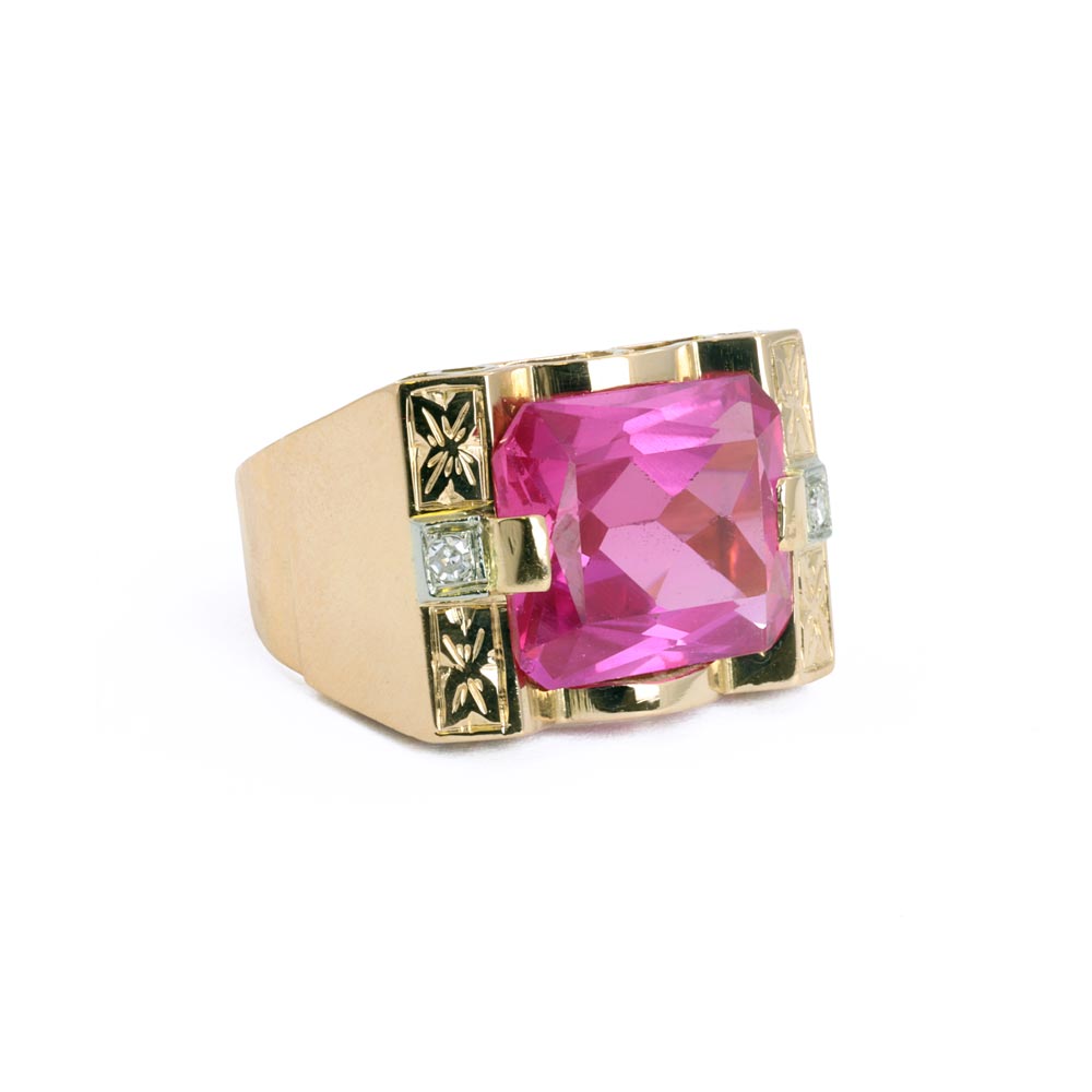 Bague en Or jaune 18k avec Saphir synthétique et Diamants