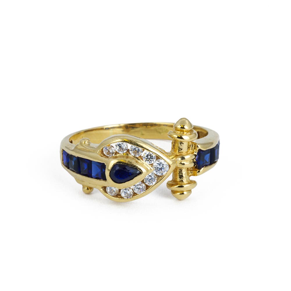 18k Yellow Gold Ring with Synthetic Sapphire and Zirconiums
