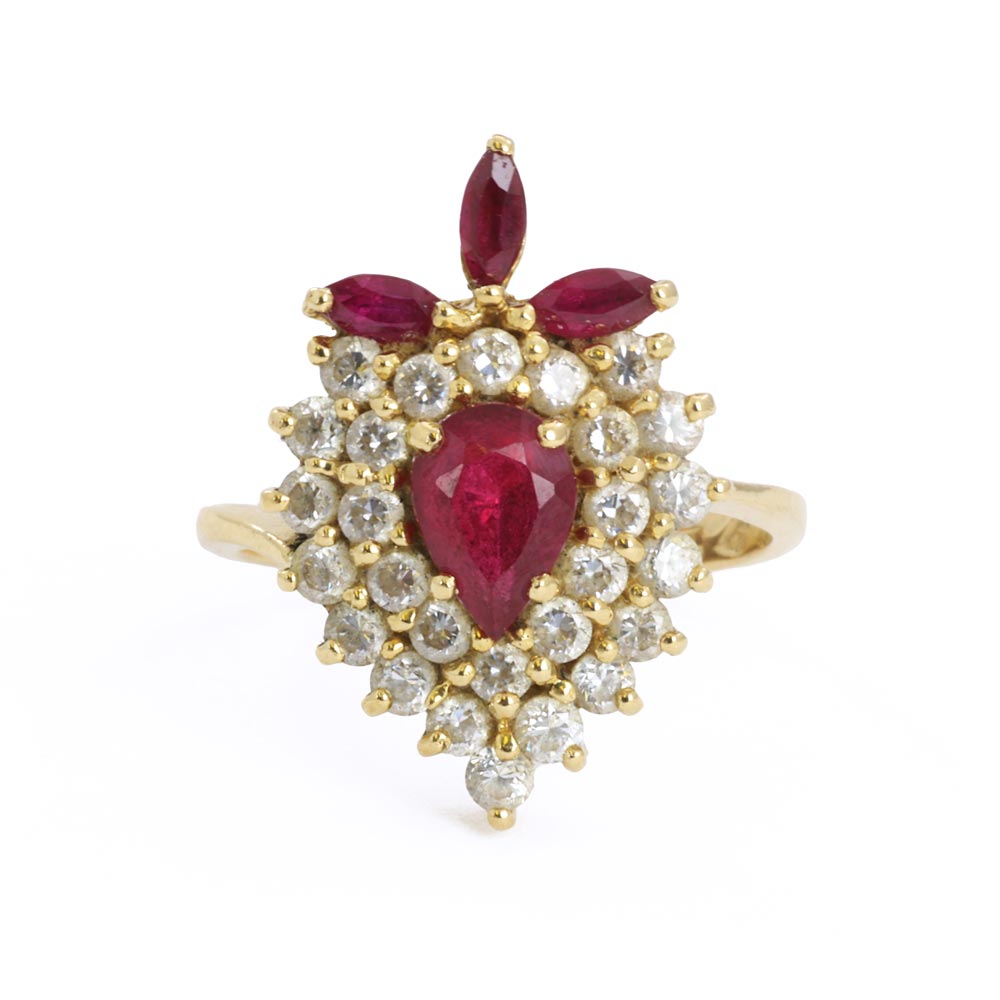 Bague en Or jaune 18k avec Zirconiums et Rubis synthétique
