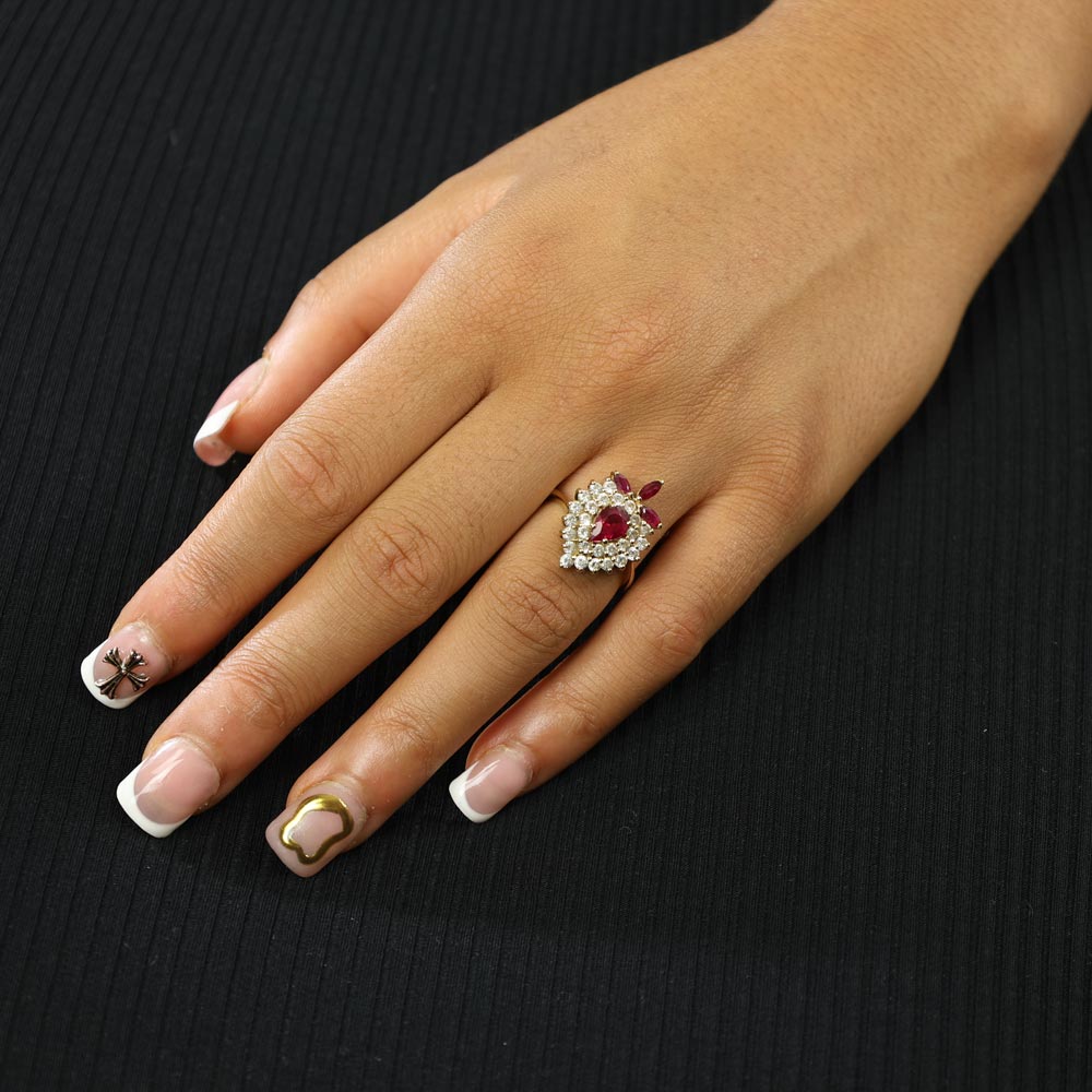 18k Yellow Gold Ring with Zirconias and Synthetic Ruby