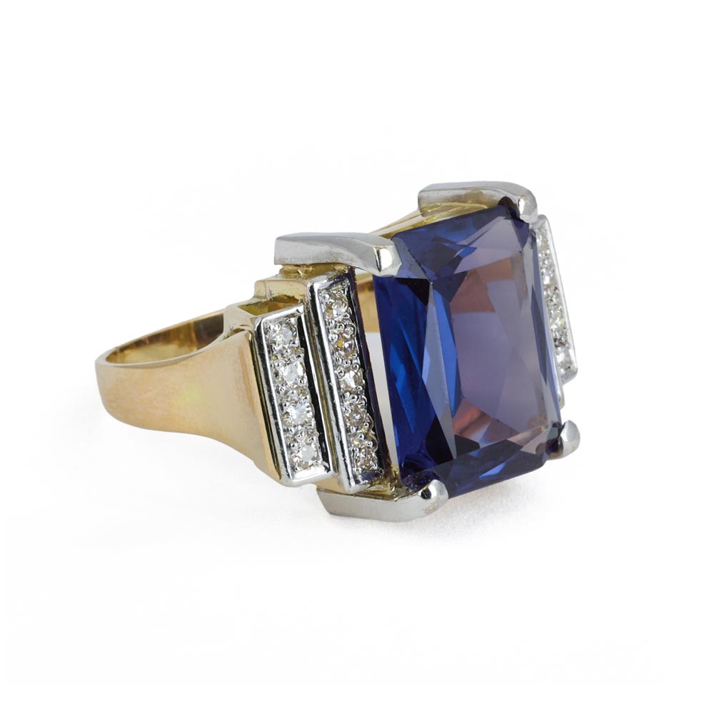 Bague en Or jaune et blanc 18k avec Saphir synthétique et Diamants