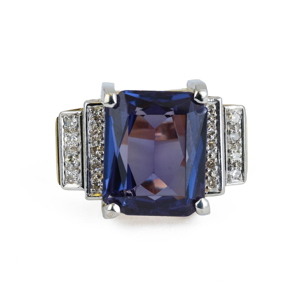 Bague en Or jaune et blanc 18k avec Saphir synthétique et Diamants