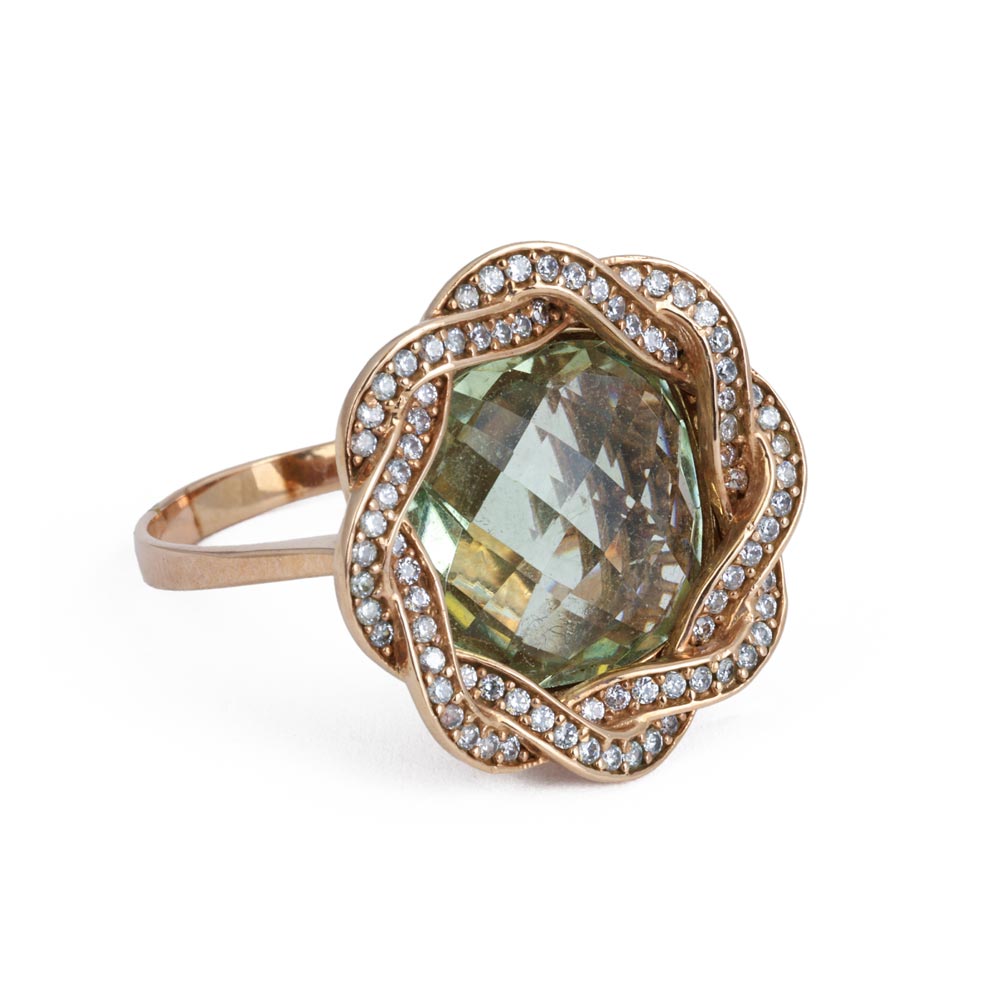 14k Rose Gold Ring with Prasiolite and Cubic Zirconias