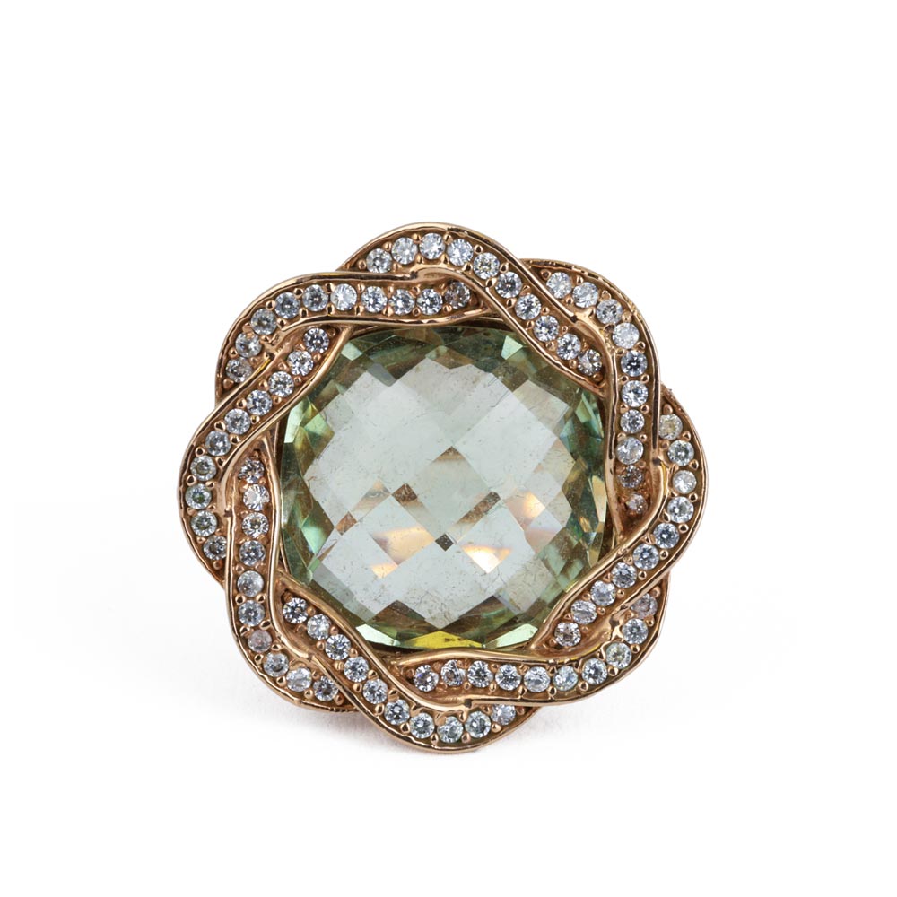 Bague en Or rose 14k avec Prasiolite et Zirconiums