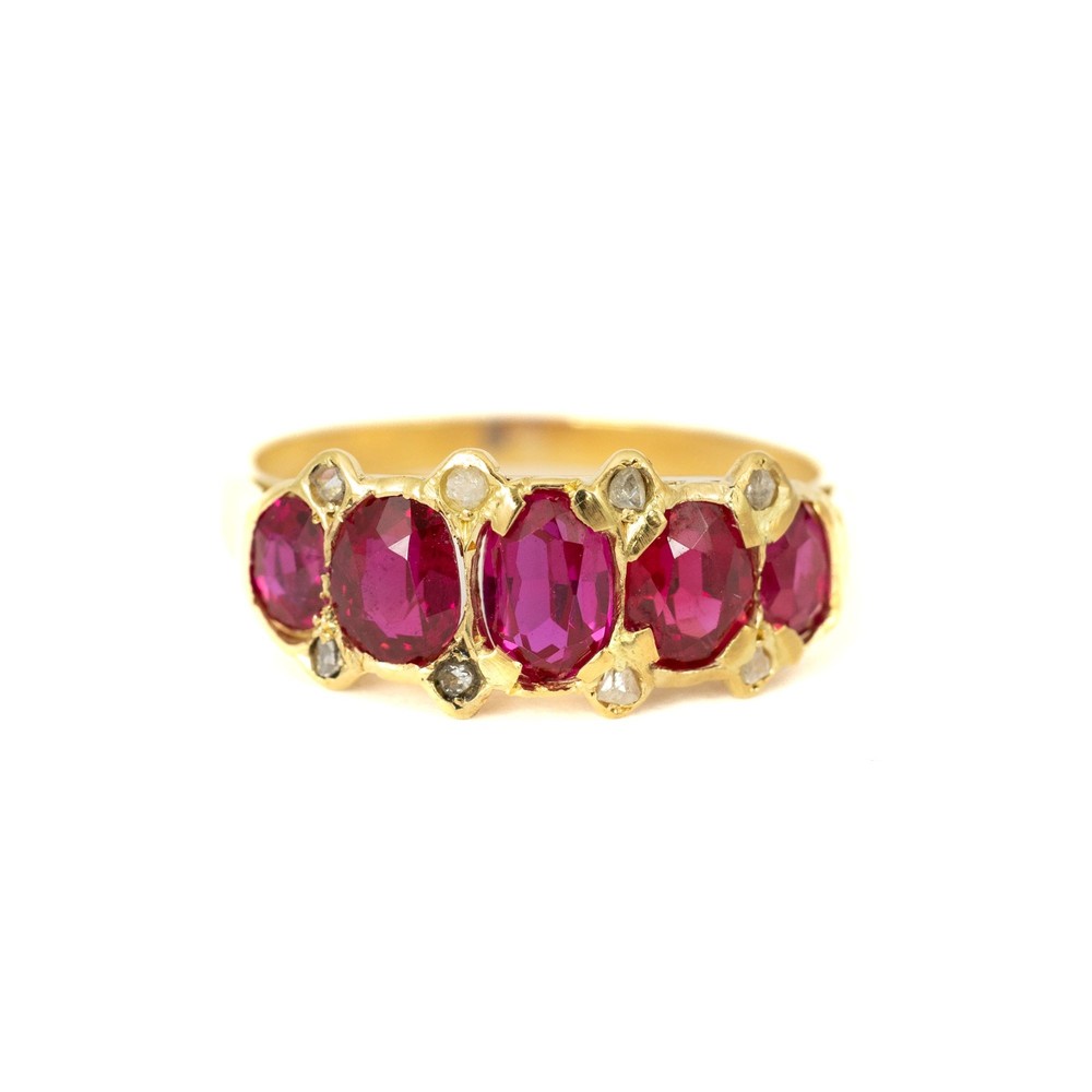 Bague en or jaune 14k avec Rubis synthétiques et Diamants