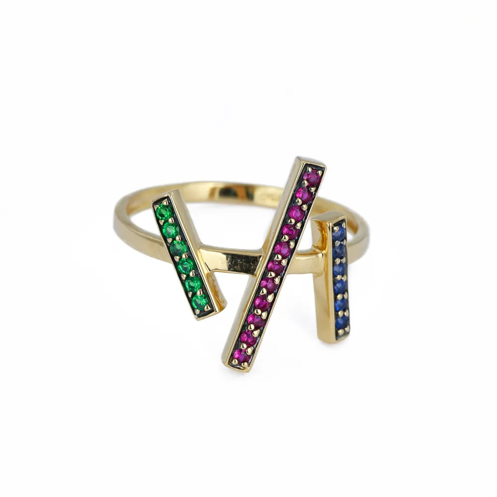 Bague en or jaune 18k - Motif "Allumette" avec pierres de couleur
