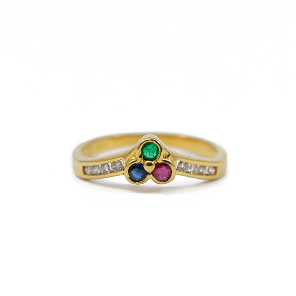 Bague en or jaune 18k avec Saphir, Emeraude et Rubis