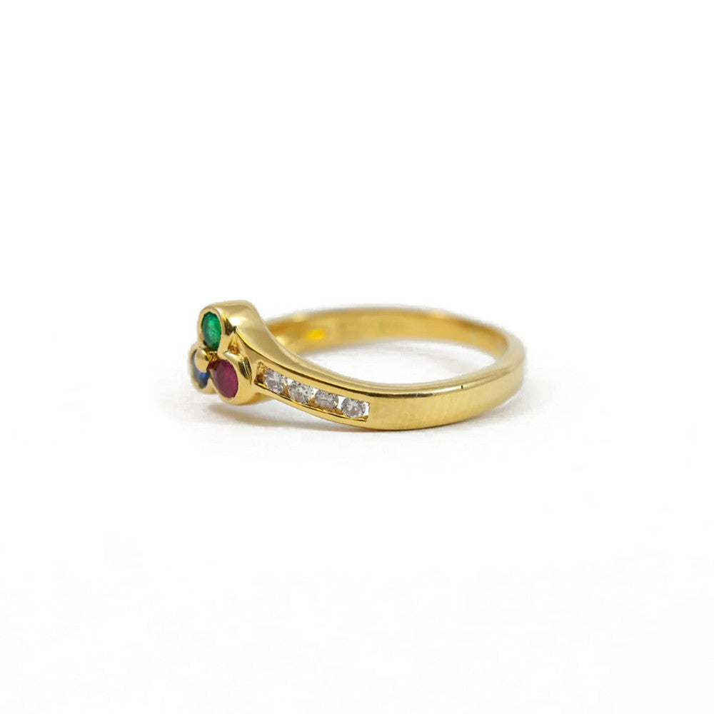 Bague en or jaune 18k avec Saphir, Emeraude et Rubis
