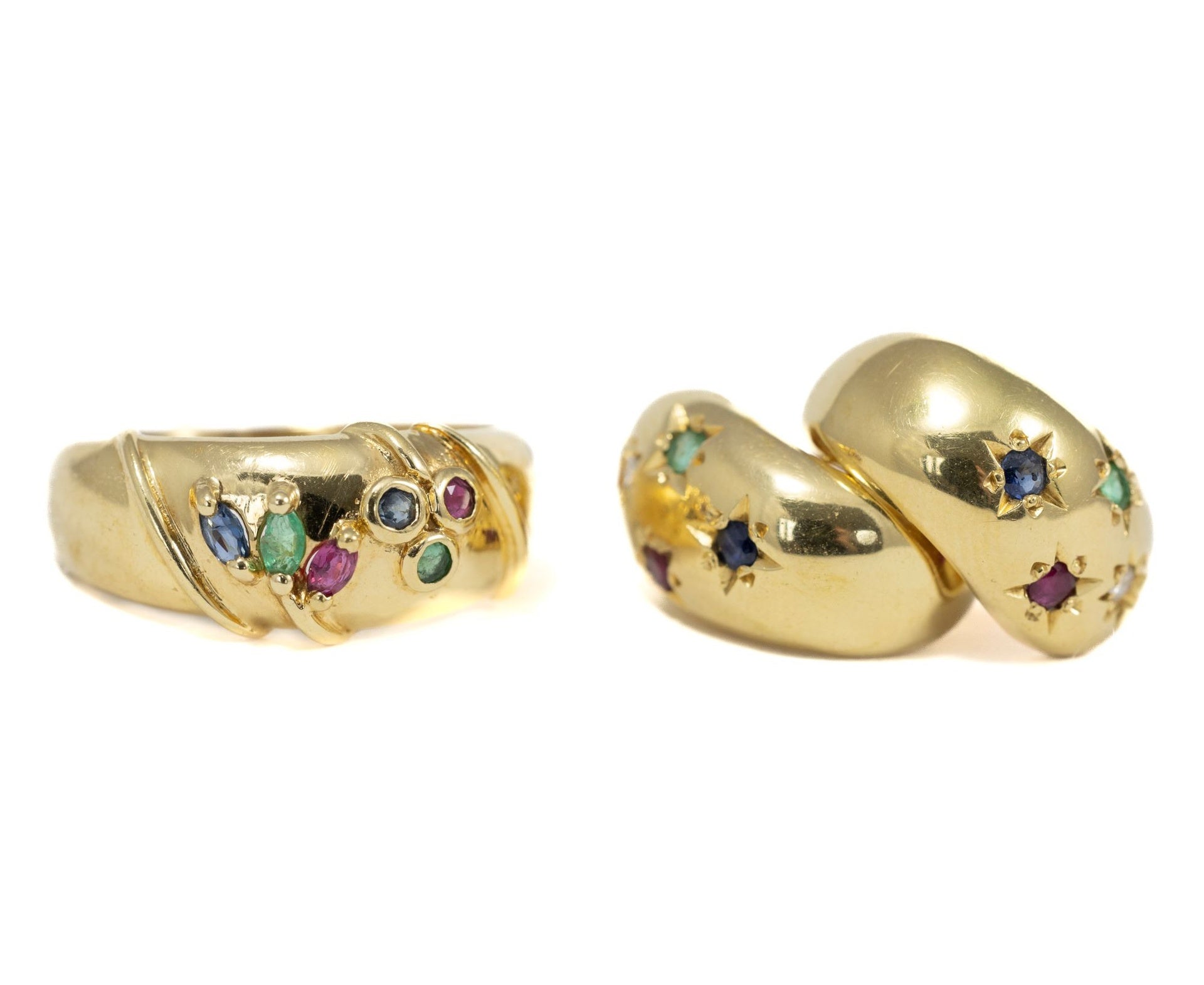 Bague et Boucles d'oreilles en Or jaune 18k avec Rubis, Saphir et Emeraude