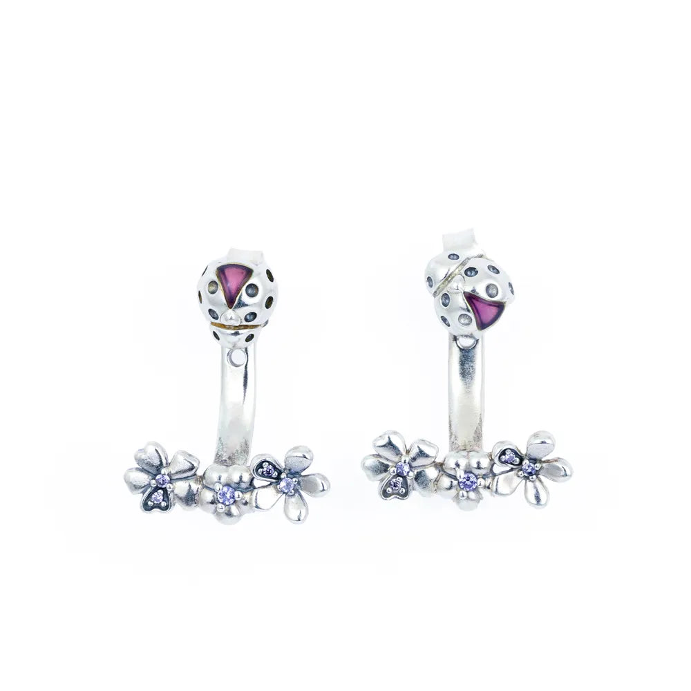 Boucles d'oreilles en Argent - Motif "Coccinelles et fleurs"