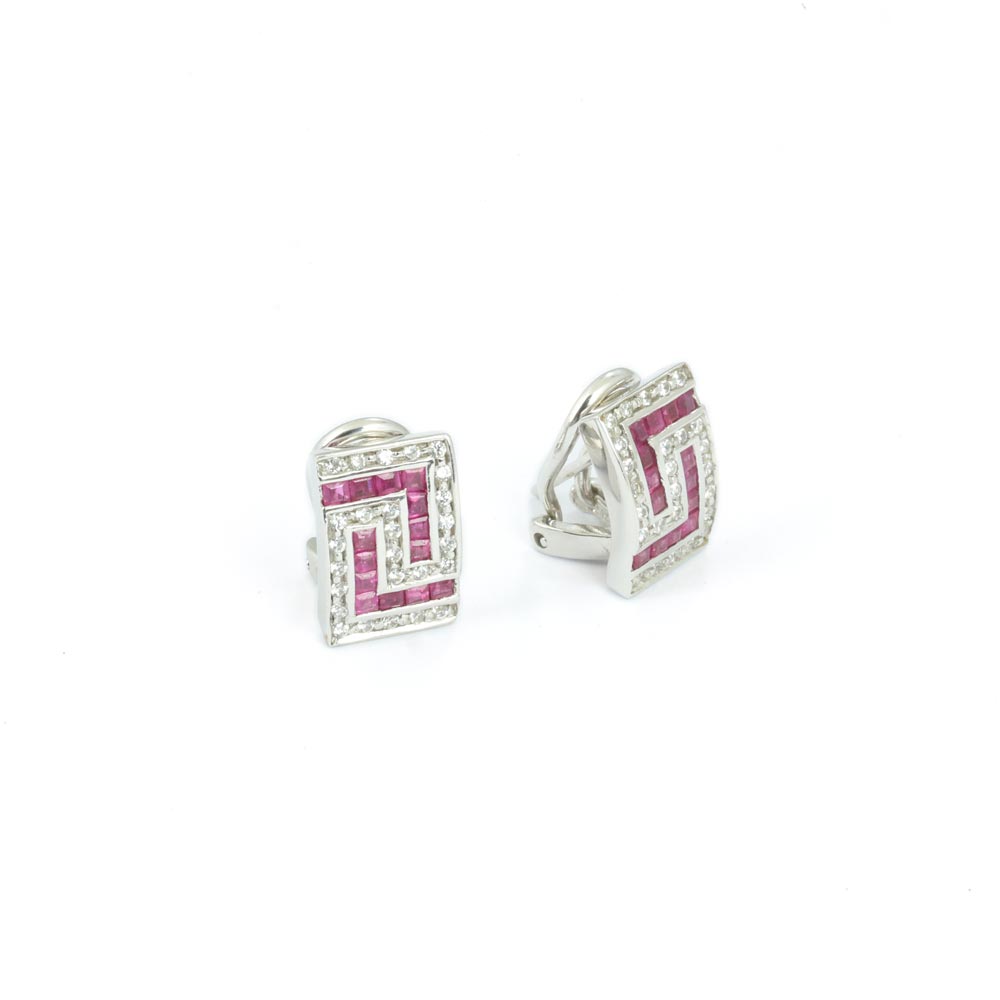 Boucles d'oreilles en Or blanc 14k avec Rubis synthétique et Zirconiums