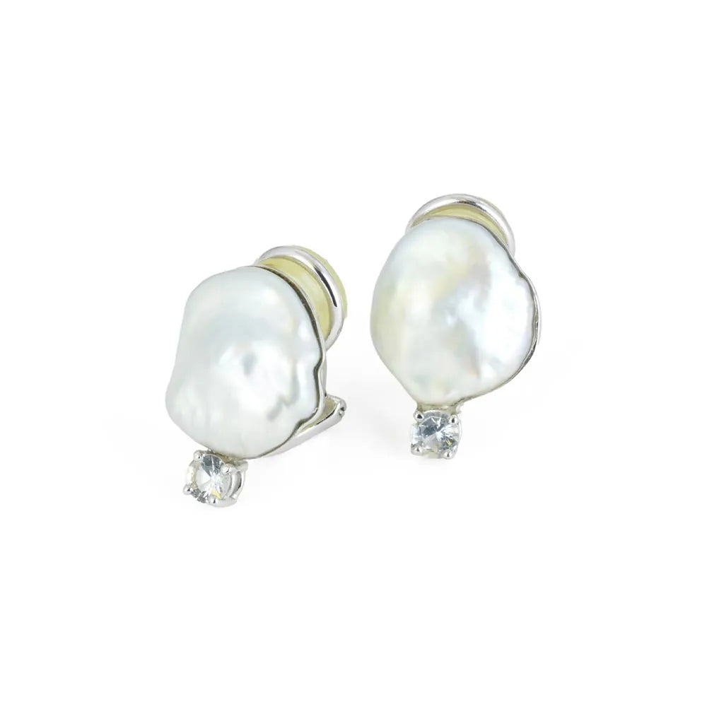 Boucles d'oreilles en Or blanc 18k avec Perle baroque et Zirconiums