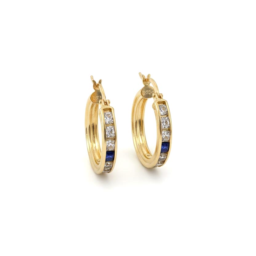 Boucles d'oreilles en Or jaune 14k avec Saphir Synthétique et Zirconiums - Style créoles
