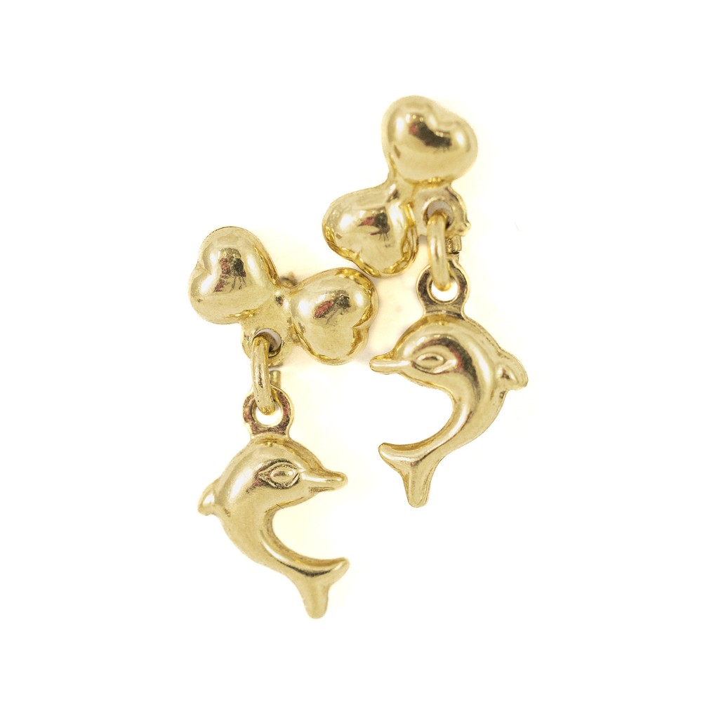 Boucles d'oreilles en Or jaune 18k - Motif "Dauphin et coeur"