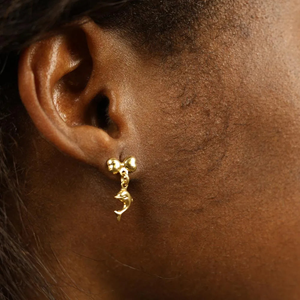 Boucles d'oreilles en Or jaune 18k - Motif "Dauphin et coeur"