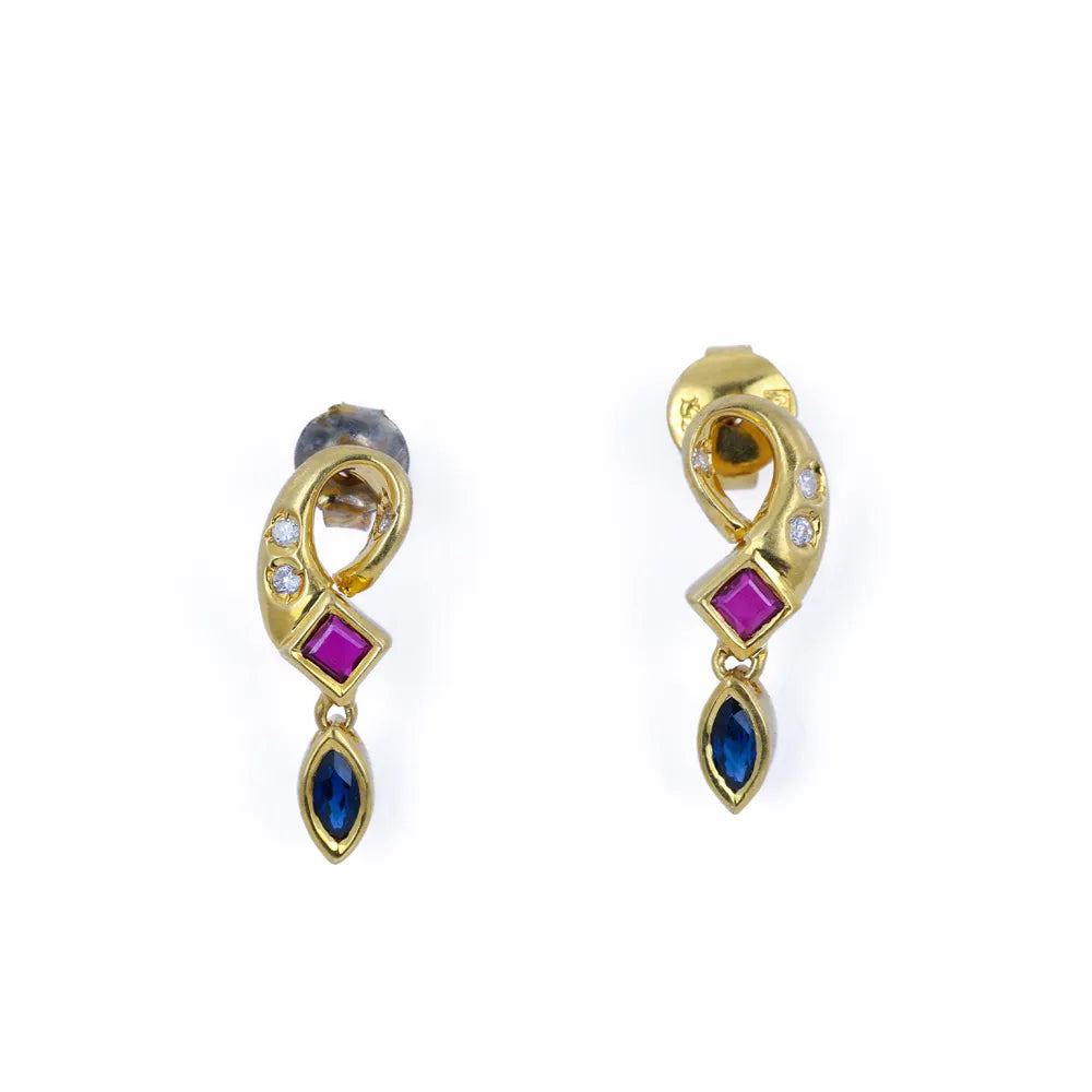 Boucles d'oreilles en Or jaune 18k avec Saphirs, Rubis et Diamants