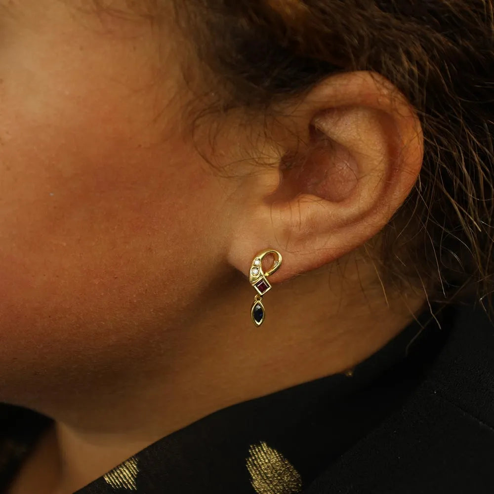 18k Yellow Gold Earrings with Sapphires, Rubies and Diamonds