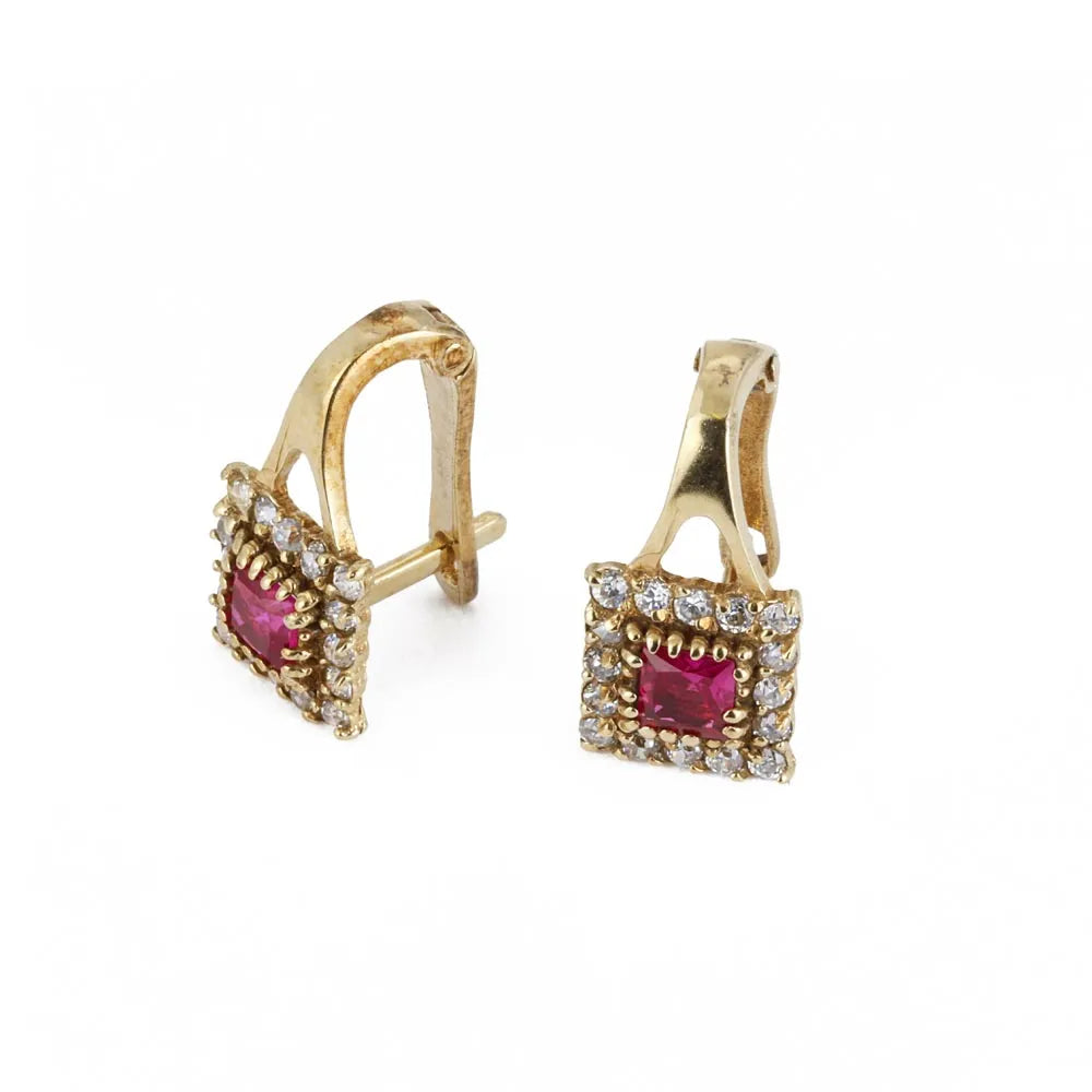 Boucles d'oreilles en Or jaune 8k avec Rubis synthétique et Zirconiums