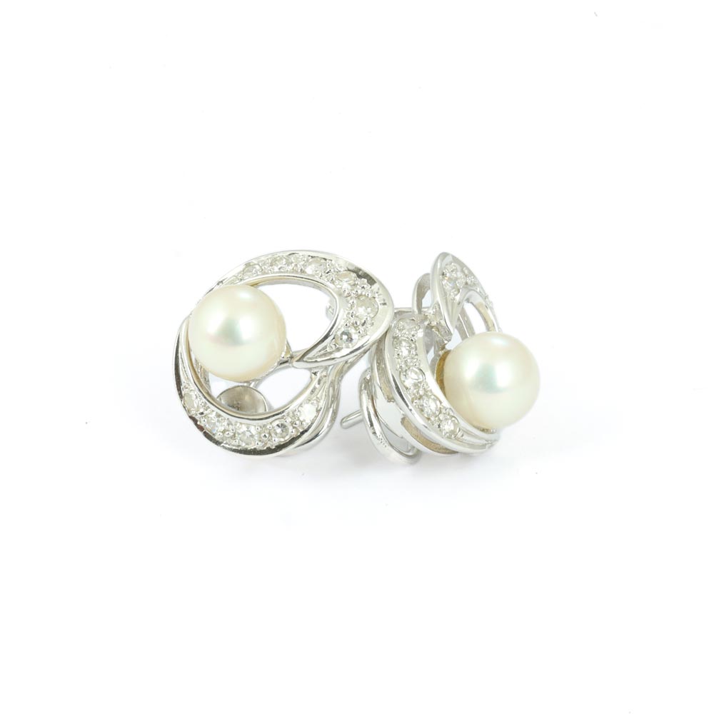 Boucles d'oreilles en or blanc 18k avec Perles et Zirconiums