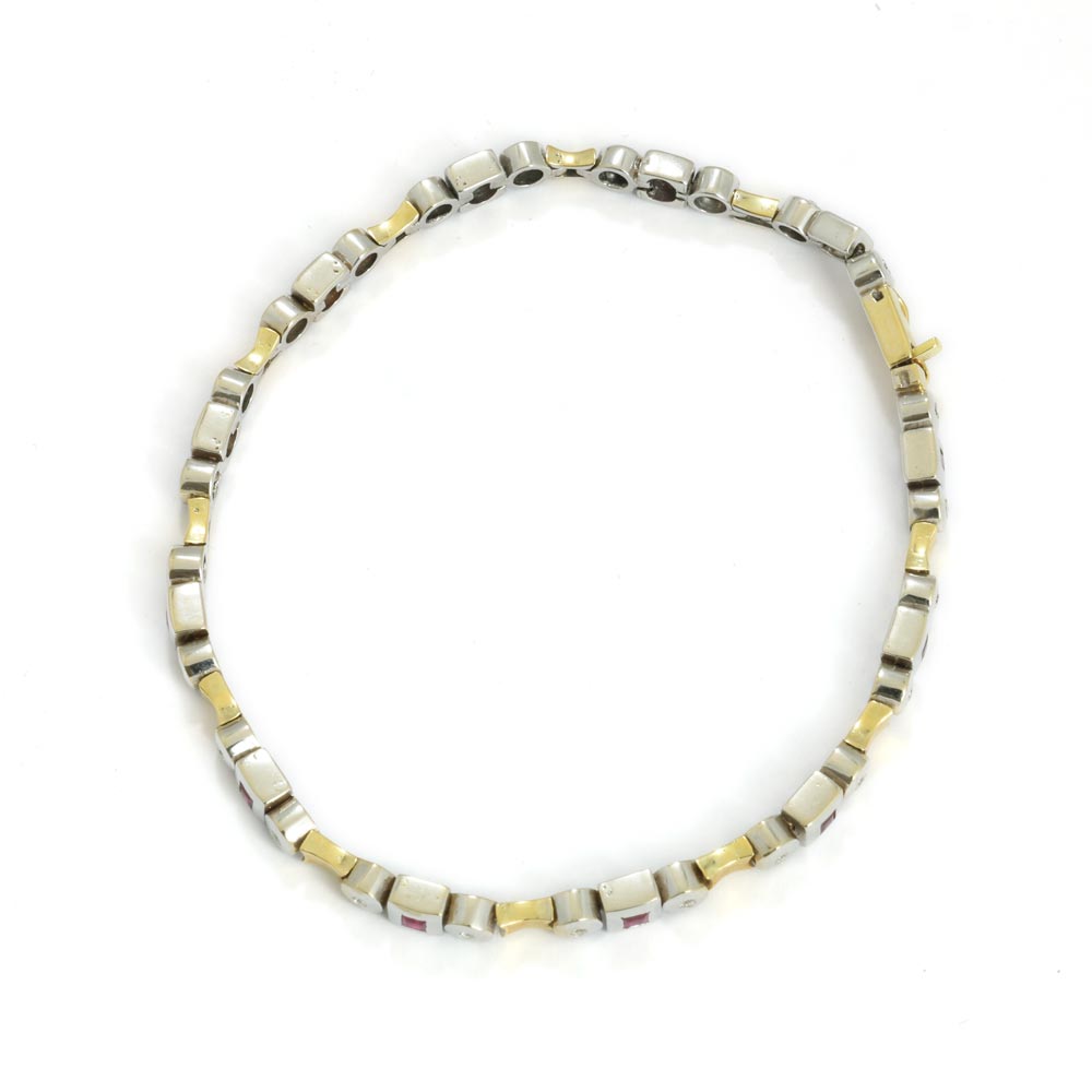 Bracelet deux Ors 18k avec Rubis synthétiques et Diamants