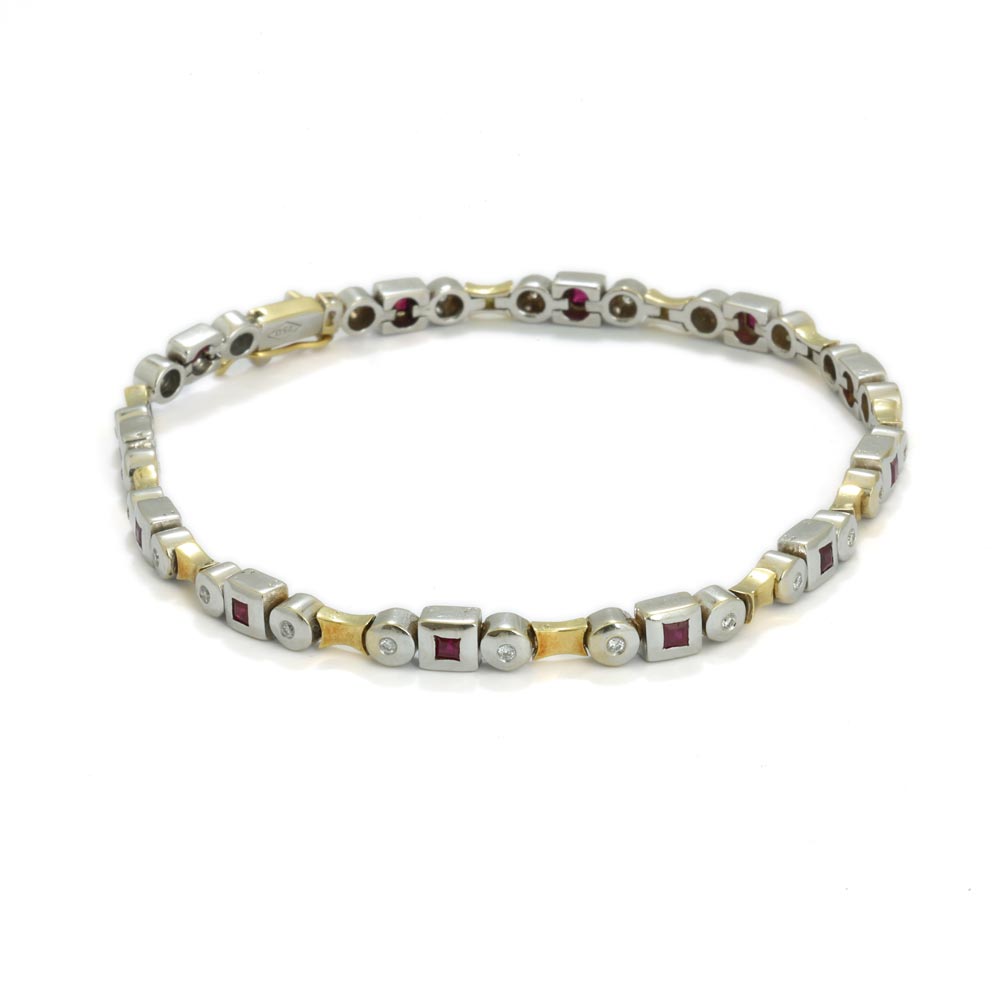 Bracelet deux Ors 18k avec Rubis synthétiques et Diamants