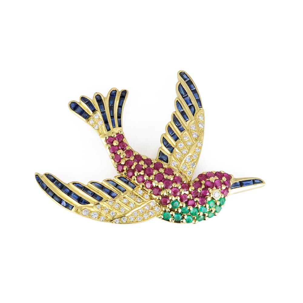 Broche en Or jaune 18k - Motif "Oiseau" avec Diamants, Saphirs, Rubis et Emeraudes
