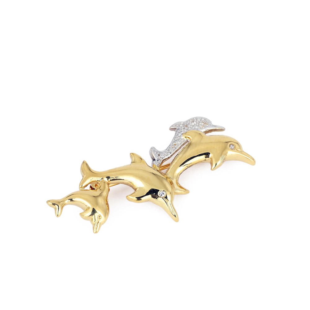 18k Yellow Gold Brooch with Diamonds - Dolphins