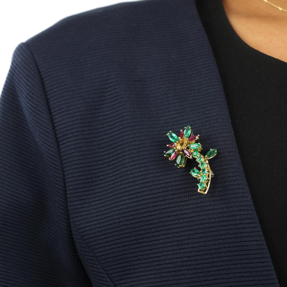 Broche en Or jaune 18k avec Emeraudes, Rubis et Citrine