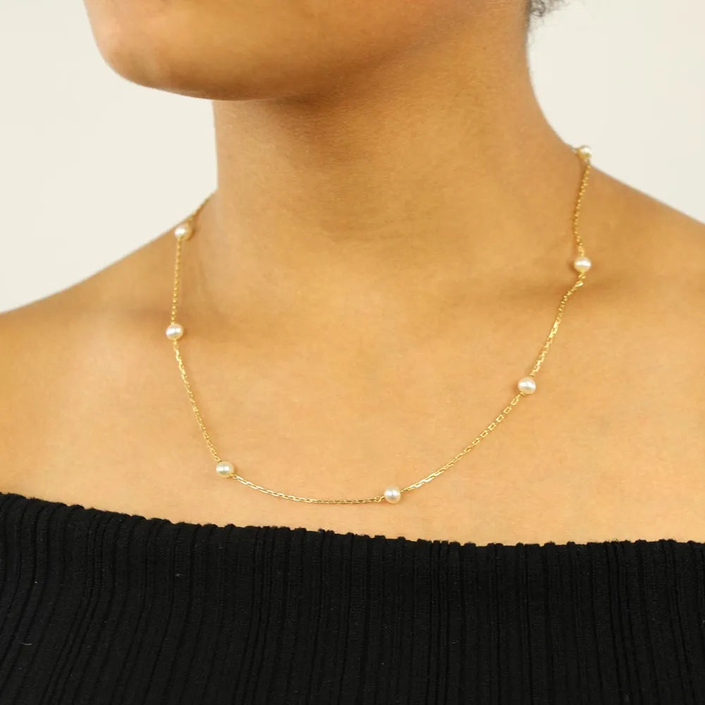 18k Yellow Gold Chain with Pearls - Cable Chain