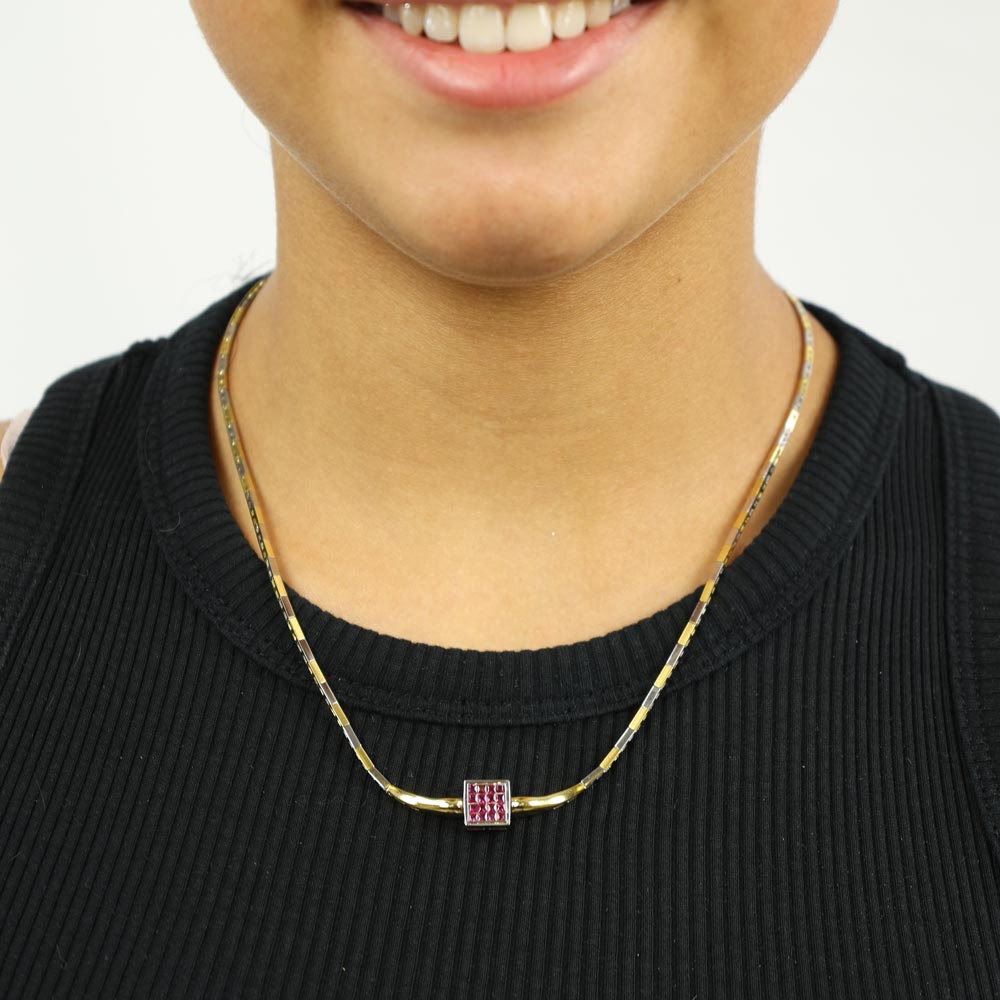 18k Yellow and White Gold Necklace with Ruby, Emerald, and Diamonds