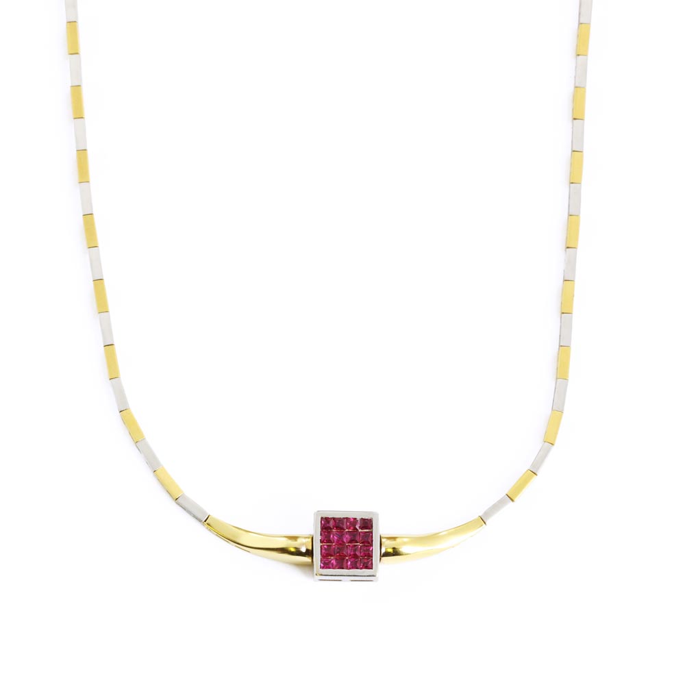 Collier en Or jaune et blanc 18k avec Rubis, Emeraude et Diamants