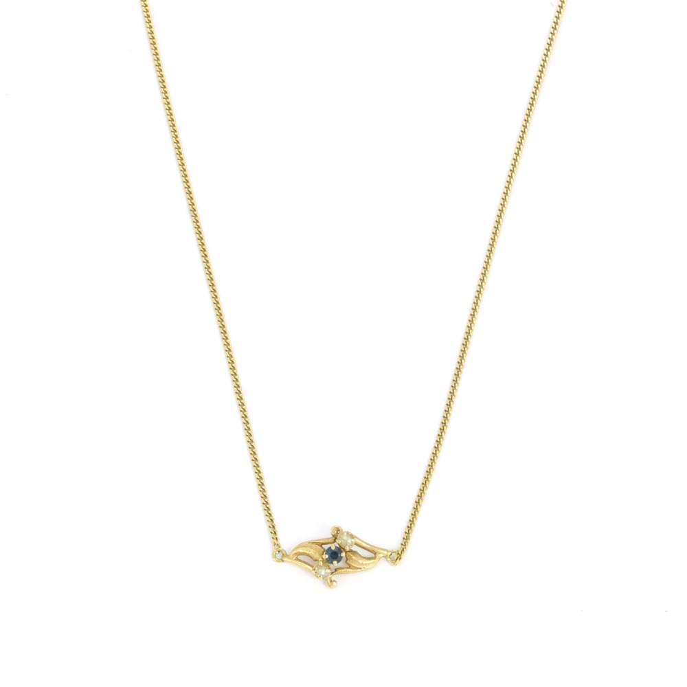 18k Yellow Gold Necklace and Pendant with Diamonds and Sapphire