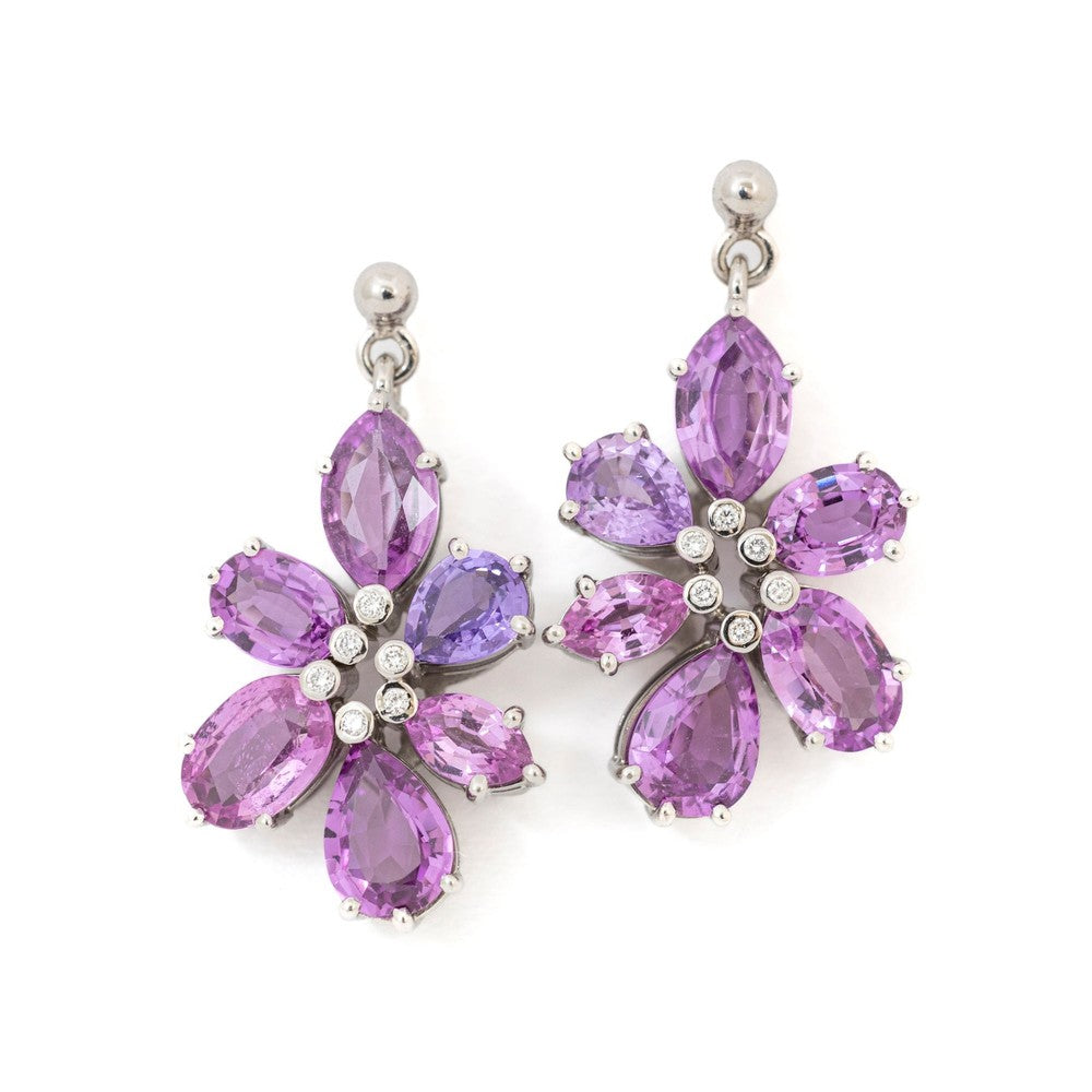 Set - Ring, Earrings in 18k White Gold with Pink Sapphires